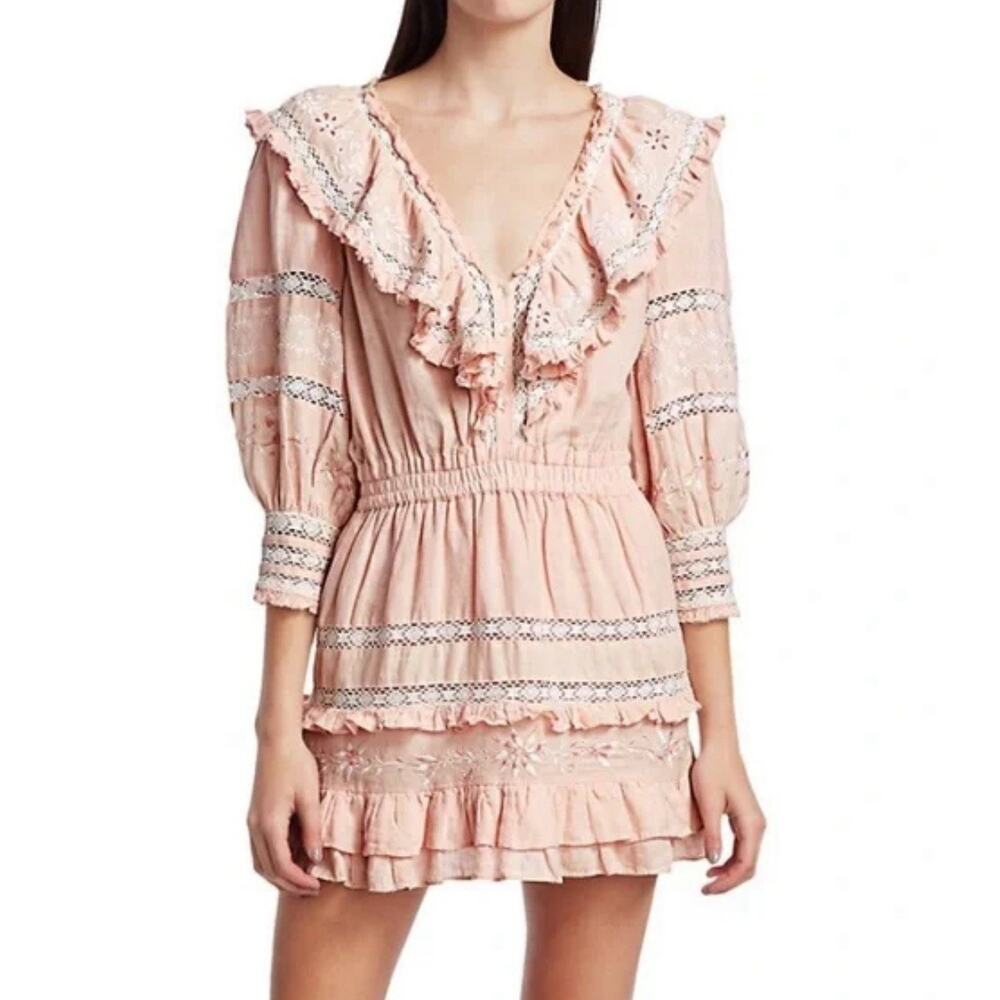 Loveshackfancy Deacon Pink Puff Long Sleeve Ruffle Embroidered Linen Dress Size